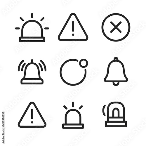 Alert Signals Icons. Outline icon set of alert signals: alarm signal, warning signal, error signal, emergency signal, notification