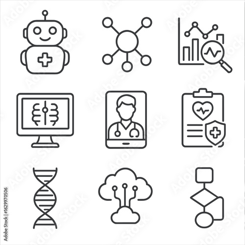 AI Healthcare Icons. Outline icon set of AI in healthcare: robot assistant, neural network, data analysis,
