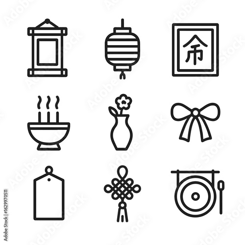 Ancestral Hall Icons. Outline icon set of ancestral hall decorations: hanging scroll, paper lantern, calligraphy artwork, incense
