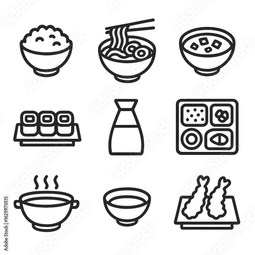 Asian Cuisine Icons. Outline icon set of Asian-style dishes: rice bowl, ramen bowl, miso bowl, sushi plate, soy sauce dish, bento