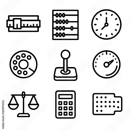 Analog Icon Collection. Outline icon set of analog computing: slide rule, abacus, analog clock, rotary dial, analog joystick,