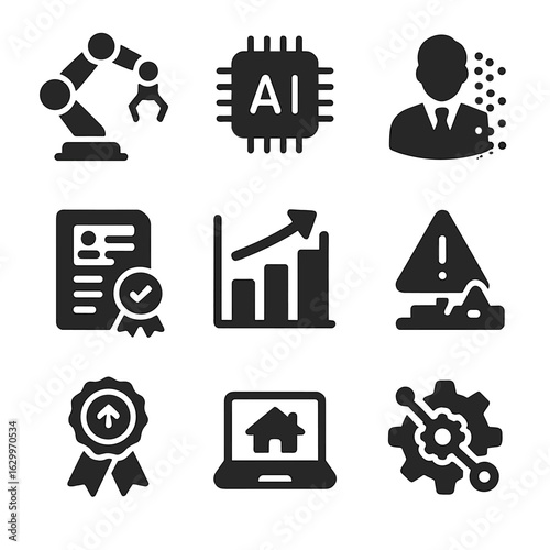 AI Job Market Icons. Solid, filled icons set of job market shifts due to automation and AI: robotic arm, AI