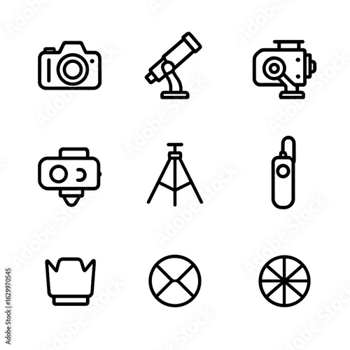 Astrophotography Gear Icons. Outline icon set of astrophotography gear: DSLR camera, telescope mount, equatorial mount, star