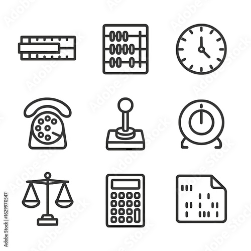 Analog Icon Collection. Outline icon set of analog computing: slide rule, abacus, analog clock, rotary dial, analog joystick,