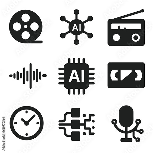 AI-Enhanced Media Icons. Solid, filled icons set of AI-enhanced traditional media: film reel, machine learning