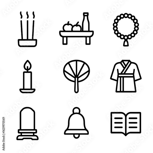 Ancestral Ritual Icons. Outline icon set of ancestral rituals: incense sticks, offering table, prayer beads, candle, ritual fan,