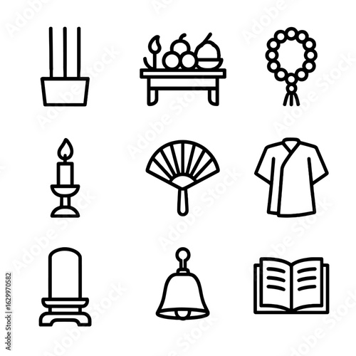 Ancestral Ritual Icons. Outline icon set of ancestral rituals: incense sticks, offering table, prayer beads, candle, ritual fan,