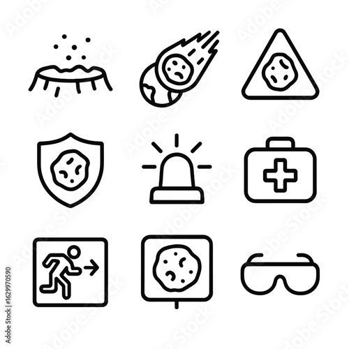 Asteroid Hazard Icons. Outline icon set of asteroid hazard signs: impact crater, collision path, warning triangle, shield icon,