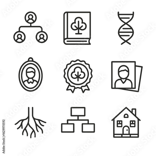 Ancestry Icon Set. Outline icon set of ancestry: family tree, genealogy book, DNA helix, ancestor portrait, heritage badge, old