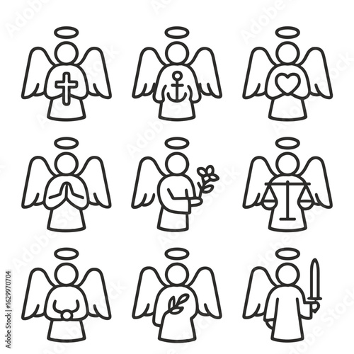 Angelic Virtues Icon Set. Outline icon set of angelic symbols of virtue: faith, hope, charity, humility, kindness, justice,