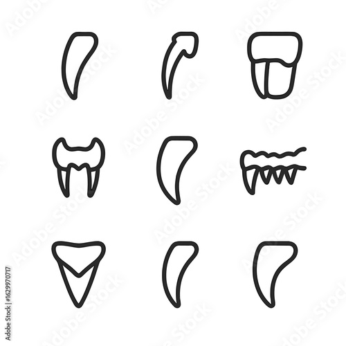 Animal Fang Icons. Outline icon set of animal fangs: wolf fang, snake fang, lion tooth, vampire bat fang, saber-toothed tiger,