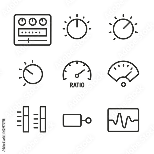 Audio Compression Icons. Outline icon set of audio mastering compression: compressor unit, threshold knob, attack knob, release