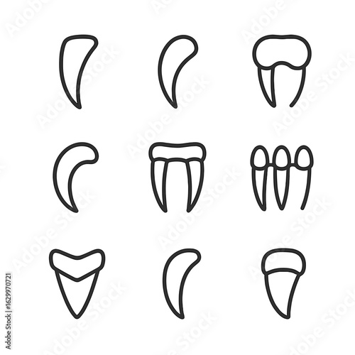 Animal Fang Icons. Outline icon set of animal fangs: wolf fang, snake fang, lion tooth, vampire bat fang, saber-toothed tiger,