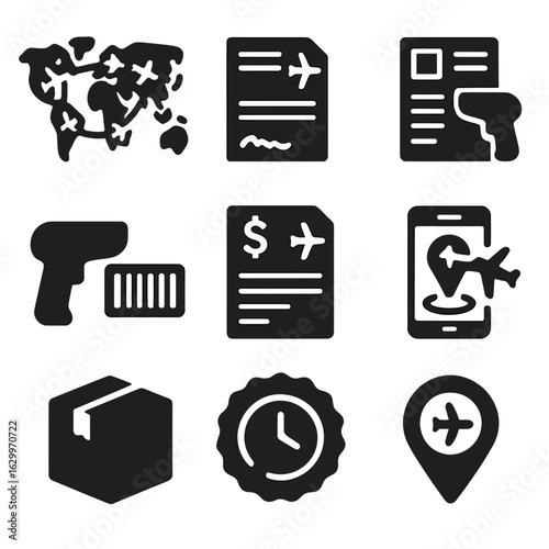 Air Shipping Icons. Solid, filled icons set of international air shipping: world map with routes, customs