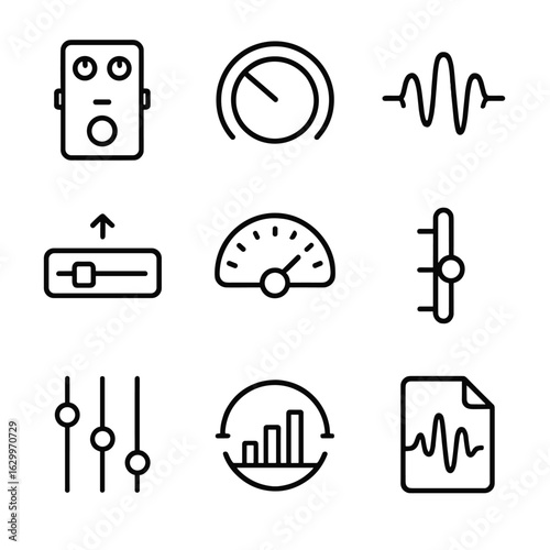 Audio Compression Icons. Outline icon set of audio compression: compressor pedal, volume knob, sound wave, limiter, gain control,