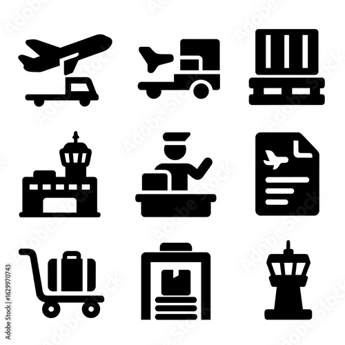 Air Freight Icon Set. Solid, filled icons set of air freight terminals: cargo airplane, loading dock, freight