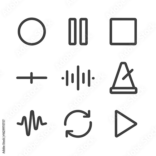 Audio Control Icons. Outline icon set of recording controls: record button, pause button, stop button, volume slider, equalizer,