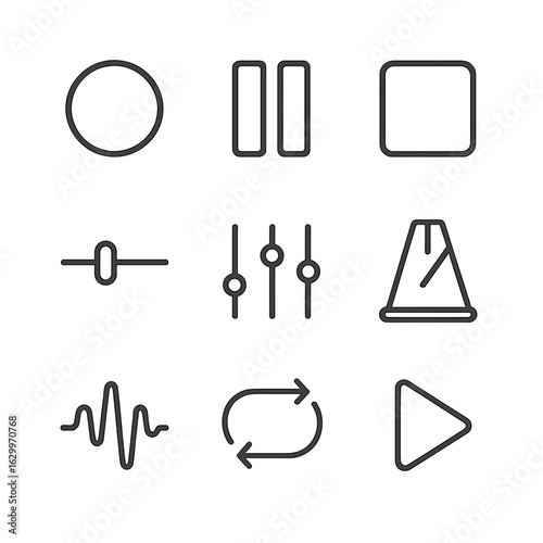 Audio Control Icons. Outline icon set of recording controls: record button, pause button, stop button, volume slider, equalizer,