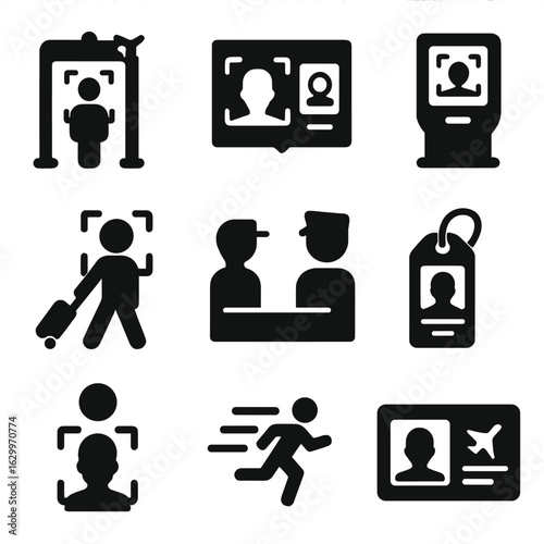 Airport Biometric Icons. Solid, filled icons set of airport biometric screening: boarding gate with scan,