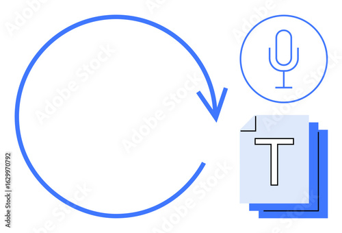 Circular flow arrow, microphone icon, and stacked text documents emphasize audio-to-text conversion. Ideal for technology, AI, communication, transcription, workflow, automation simple landing page