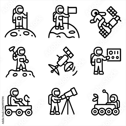 Astronaut Mission Icons. Outline icon set of astronaut missions: lunar landing, Mars exploration, space station, asteroid mining,