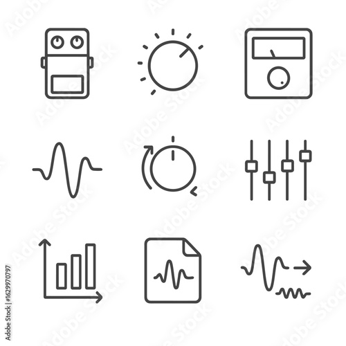 Audio Compression Icons. Outline icon set of audio compression: compressor pedal, volume knob, sound wave, limiter, gain control,