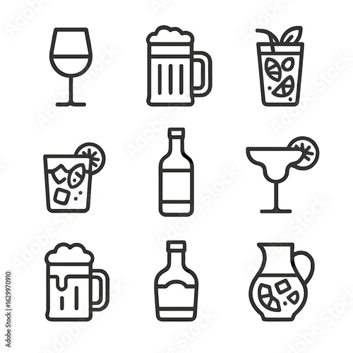 Alcoholic Drinks Icons. Outline icon set of Popular alcoholic drinks: red wine, lager beer, mojito, gin tonic,