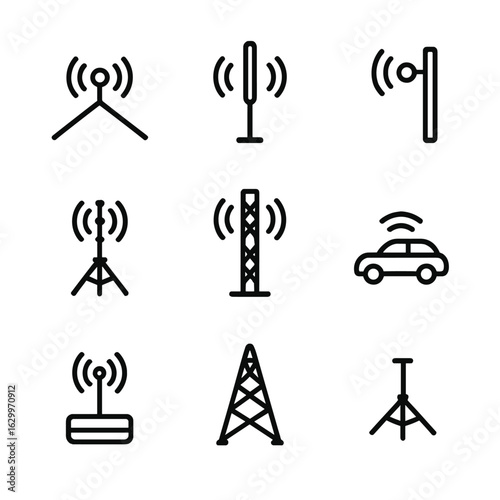 Antenna Mount Icons. Outline icon set of antenna mounting types: rooftop mount, pole mount, wall mount, tripod mount, mast mount,