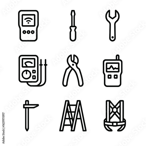 Antenna Maintenance Icon Set. Outline icon set of antenna maintenance tools: signal meter, screwdriver, wrench, multimeter, cable