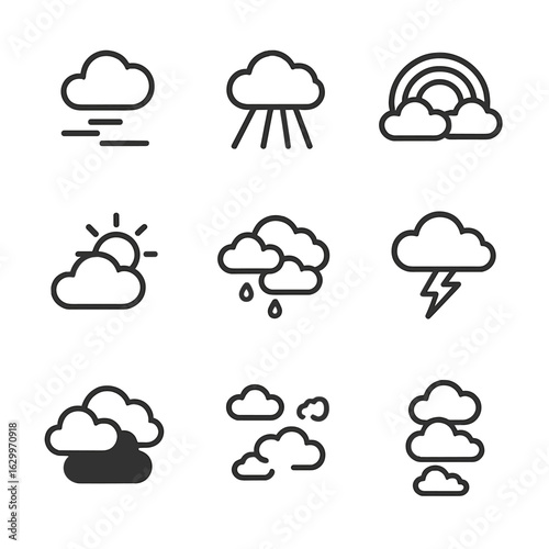 Atmospheric Phenomena Icons. Outline icon set of atmospheric phenomena: cloud shadows, light beams through clouds, rainbow arches,