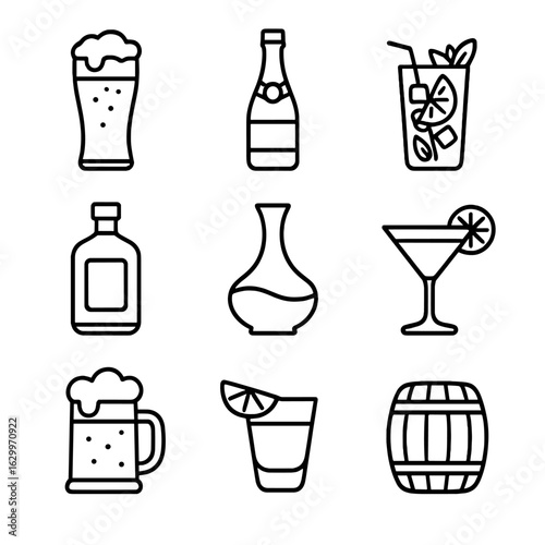 Alcoholic Drink Icons. Outline icon set of Alcoholic drink varieties: craft beer, sparkling wine, mojito glass