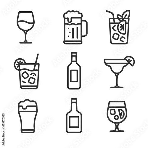 Alcoholic Drinks Icons. Outline icon set of Popular alcoholic drinks: red wine, lager beer, mojito, gin tonic,