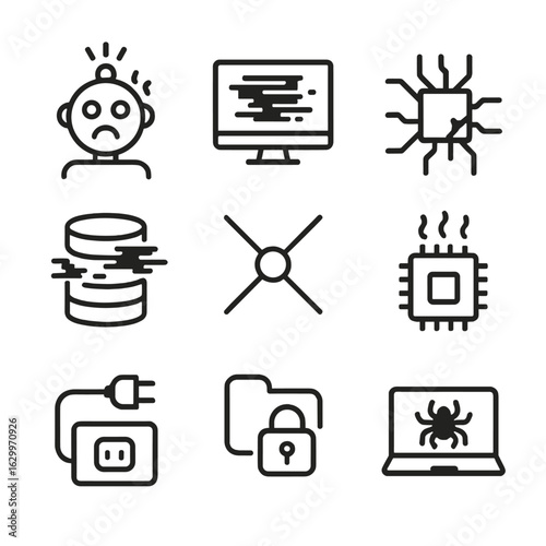 Anti-Order Tech Icons. Outline icon set of anti-order technology: malfunctioning robot, glitch screen, broken circuit, corrupted