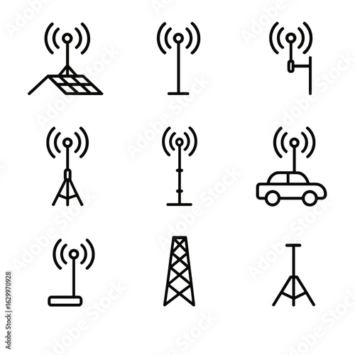 Antenna Mount Icons. Outline icon set of antenna mounting types: rooftop mount, pole mount, wall mount, tripod mount, mast mount,