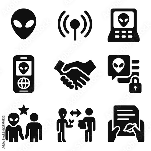 Alien Contact Icons. Solid, filled icons set of virtual alien contact scenarios: alien being, signal pulse,
