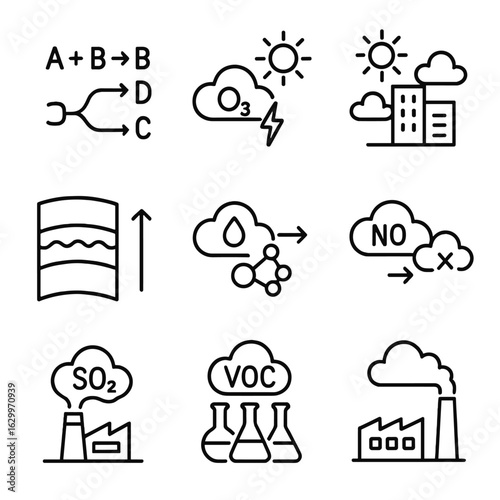 Atmospheric Chemistry Icons. Outline icon set of atmospheric chemistry: chemical reactions, ozone depletion, photochemical smog,