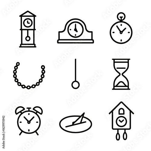 Antique Timepiece Icons. Outline icon set of antique timepieces: grandfather clock, mantel clock, pocket watch, pocket watch chain