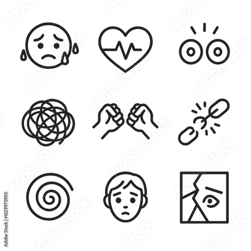 Anxiety Icons Set. Outline icon set of anxiety and dread: sweating face, racing heartbeat, wide eyes, tangled lines, clenched