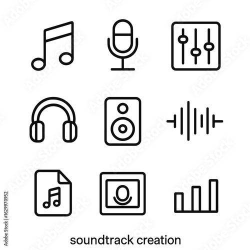 Audio Icon Set. Outline icon set of soundtrack creation: music note, microphone, mixing console, headphones, speaker, sound wave,