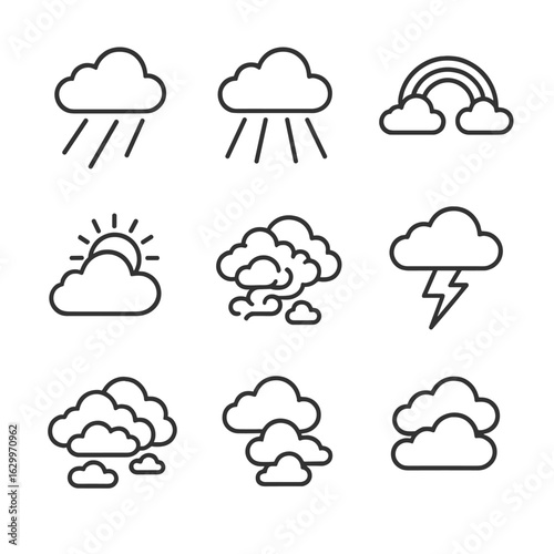 Atmospheric Phenomena Icons. Outline icon set of atmospheric phenomena: cloud shadows, light beams through clouds, rainbow arches,