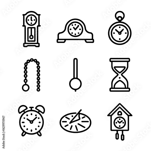 Antique Timepiece Icons. Outline icon set of antique timepieces: grandfather clock, mantel clock, pocket watch, pocket watch chain