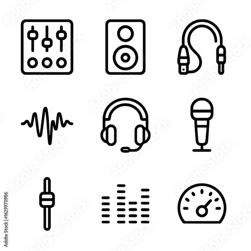 Audio Gear Icons. Outline icon set of sound engineer: mixing console, studio monitor, XLR cable, audio waveform, headset,
