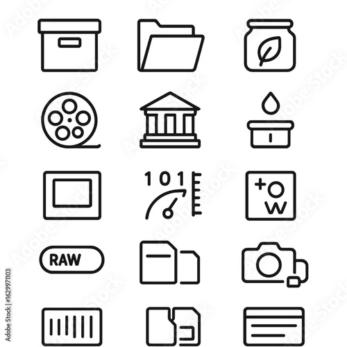 Archival and RAW Icons. Outline icon set of archival storage: archive box, document folder, microfilm, tape reel, museum archive,