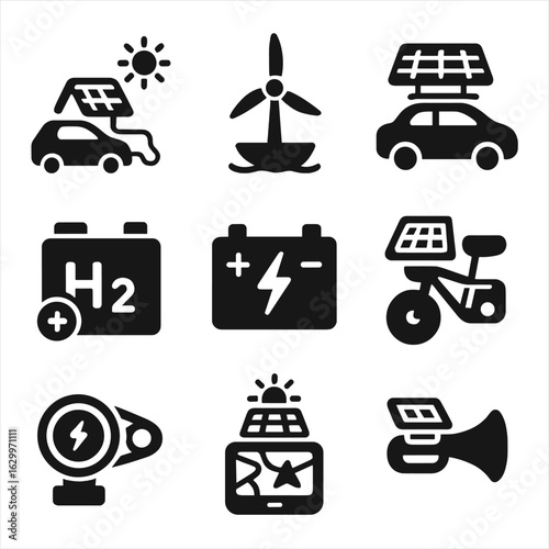 Alternative Energy Vehicle Icons. Solid, filled icons set of alternative energy vehicles accessories: solar