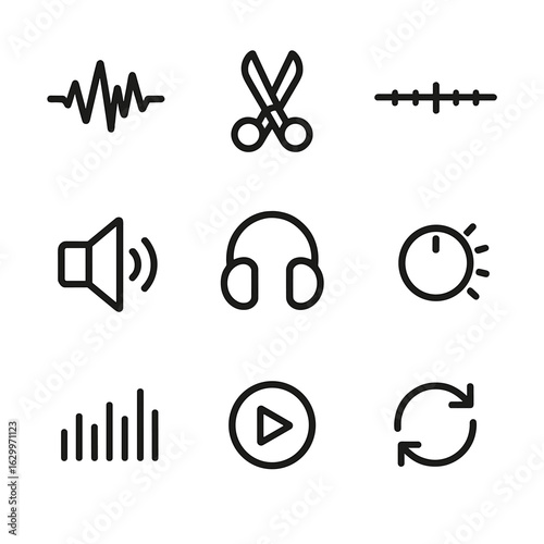 Audio Editing Icons. Outline icon set of audio editing: waveform, scissors, timeline, speaker, headphones, volume knob, equalizer,
