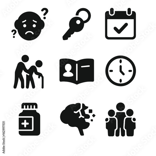 Alzheimer's Symptoms Icons. Solid, filled icons set of Alzheimer’s disease symptoms and care: confused face,