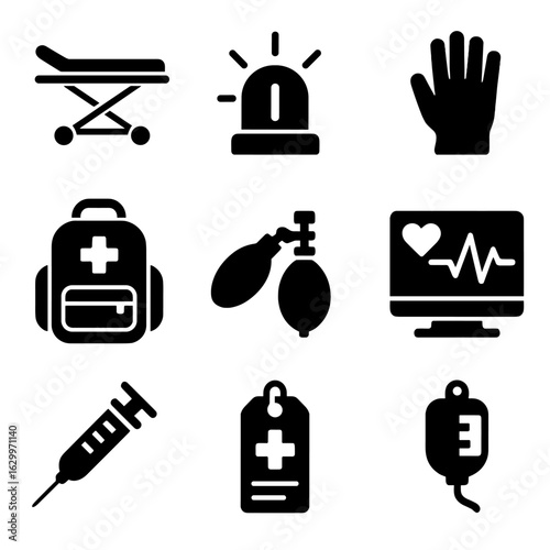 Ambulance Equipment Essentials. Solid, filled icons set of ambulance equipment essentials: gurney, flashing