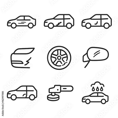 Automotive Scrape Icons. Outline icon set of scrape in automotive context: car scratch, paint damage, dent repair, bumper scrape,