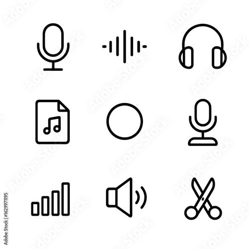 Audio Icons Grid. Outline icon set of voice recording: microphone, sound wave, headphones, audio file, record button, voice