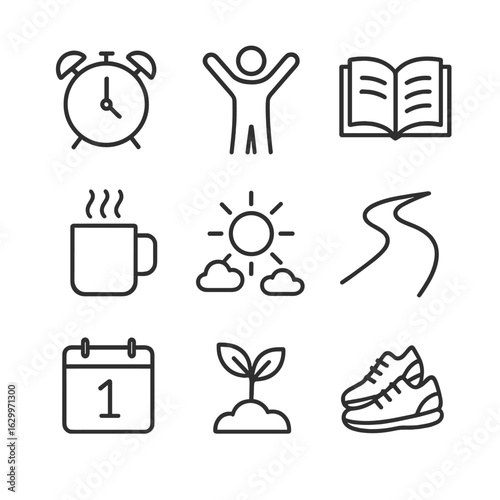 Awakening Moments Icons. Outline icon set of awakening moments: alarm clock, stretching person, open book, morning coffee, clear